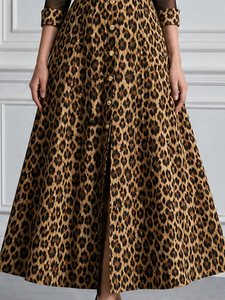 Leopard Print Mesh Patchwork Collared Shirt Midi Dress