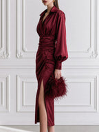 Wine Red Satin Wrap-Style Ruched Midi Dress with Long Puff Sleeves
