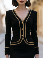 Gold Ribbon-Trimmed Button-Up Midi Dress