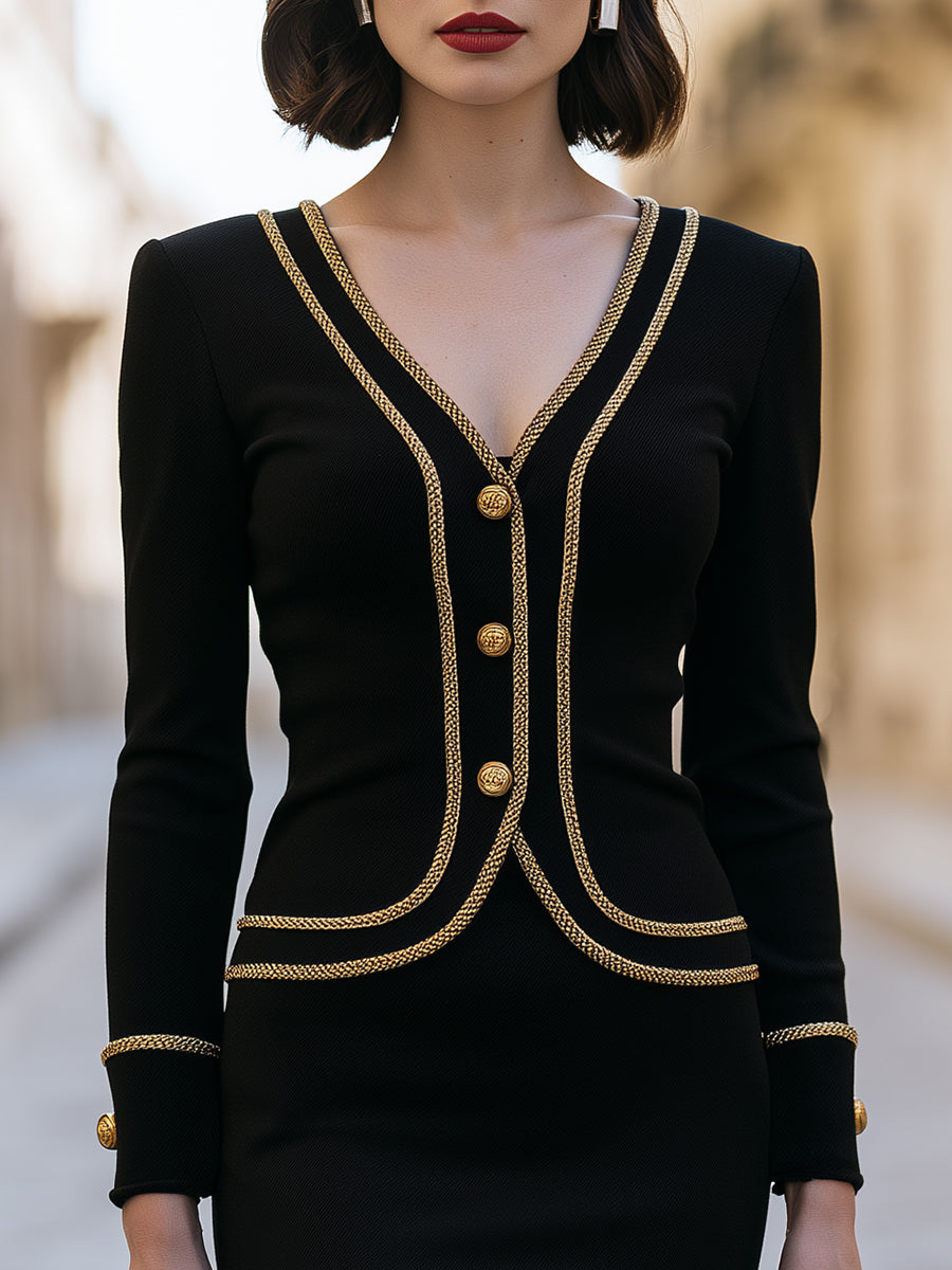 Gold Ribbon-Trimmed Button-Up Midi Dress