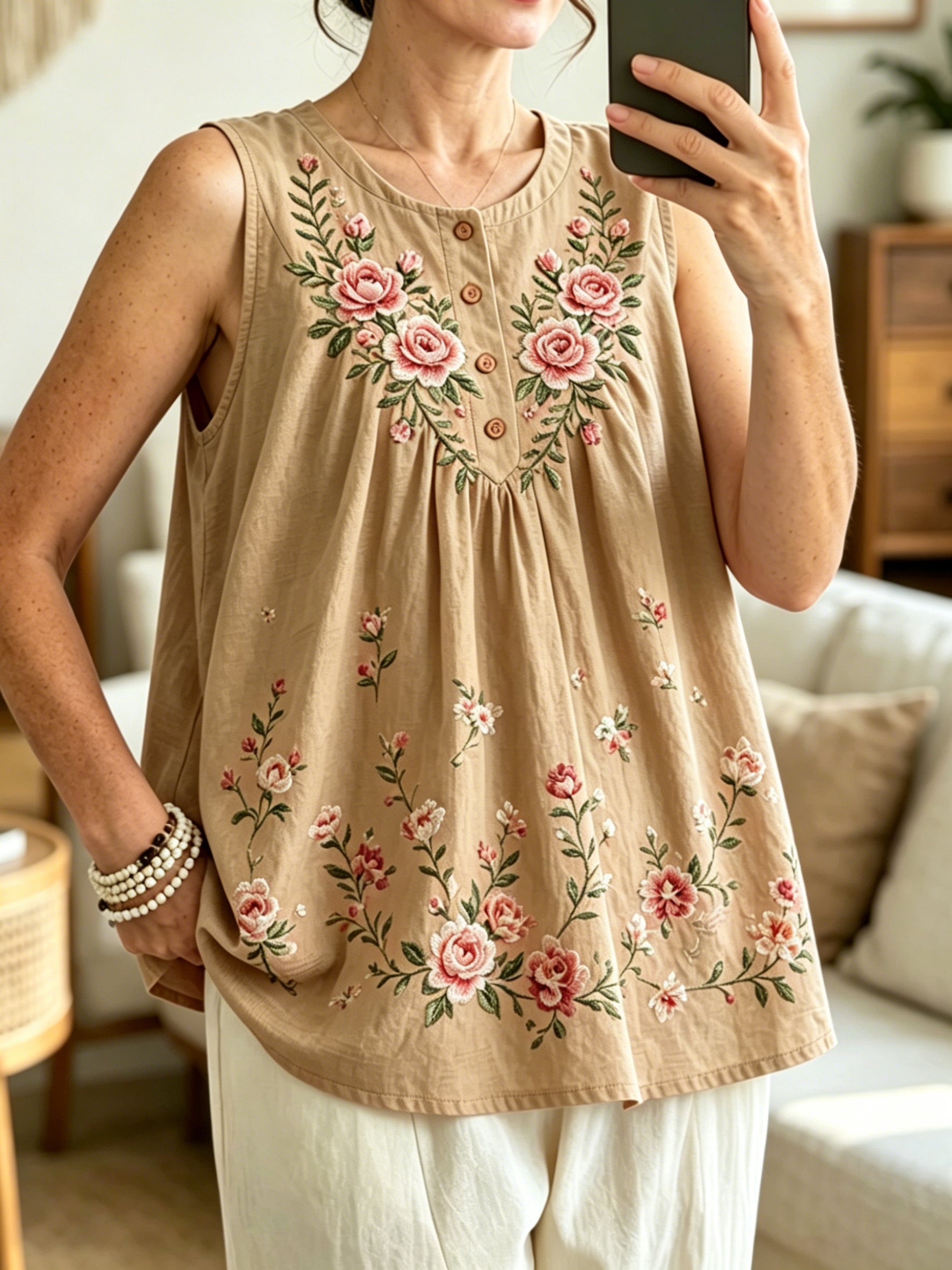 Women's Ethnic Floral Art Print Casual Sleeveless Pleated Linen Shirt