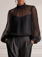 Black Sheer Pleated Chiffon High Neck Blouse