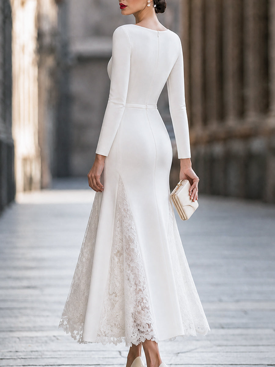 Elegant Long Sleeve Lace Splicing Mermaid Maxi Dress