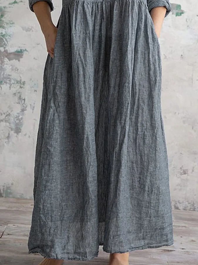 V-Neck Solid Color Vintage Dress