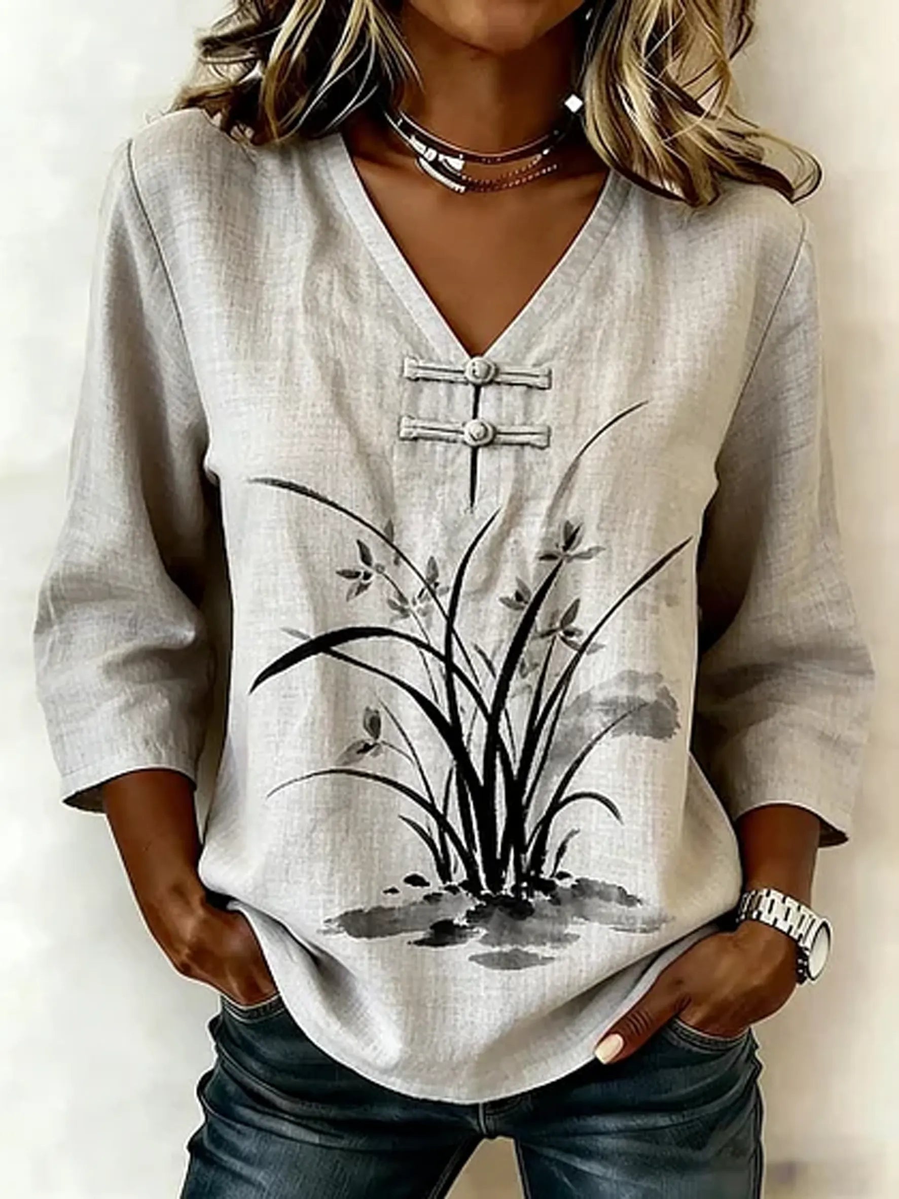 Women's Casual Chinese Knot Neckline Retro Stylish Cotton Shirt