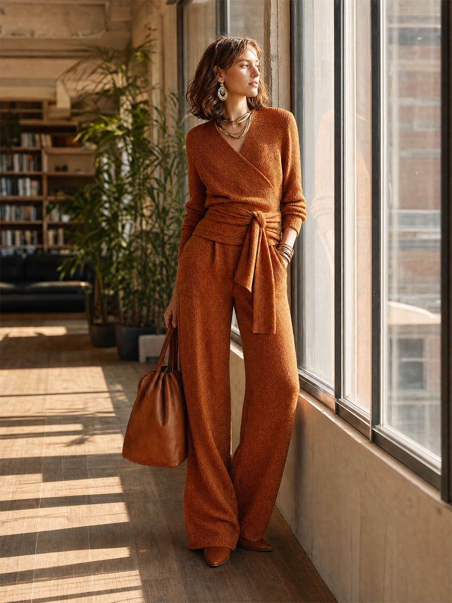 Sophisticated Cinnamon Wrap Knit Pant Set