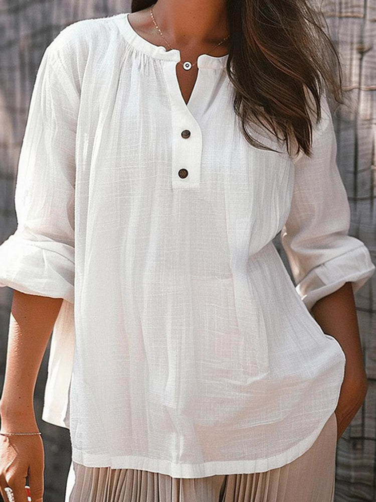 Women's Vintage Solid Color Button-down Long-sleeve Cotton Linen Shirt