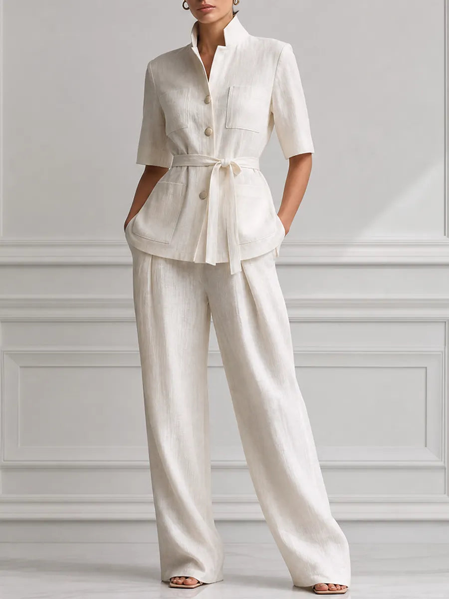 Ivory Linen Stand Collar Belted Jacket & Wide Leg Trousers Two-Piece Suit Set