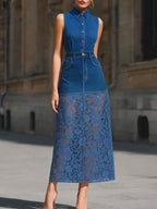 Sleeveless Denim Top And Lace Panel Maxi Skirt Set