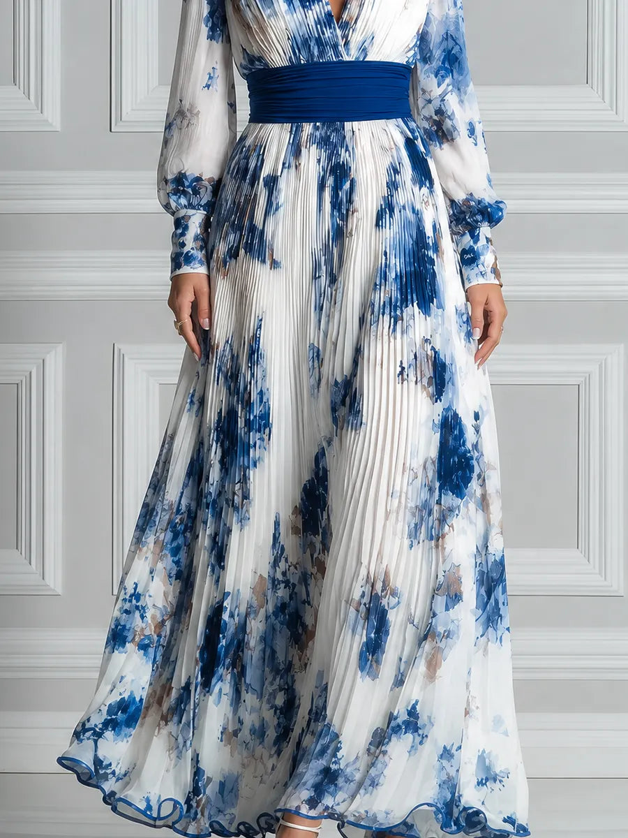 White Dress Fall Wedding Guest Dress Blue Floral Pleated Maxi Dress