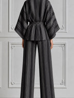 Black Striped Kimono Wrap Top & Wide Leg Pants Set