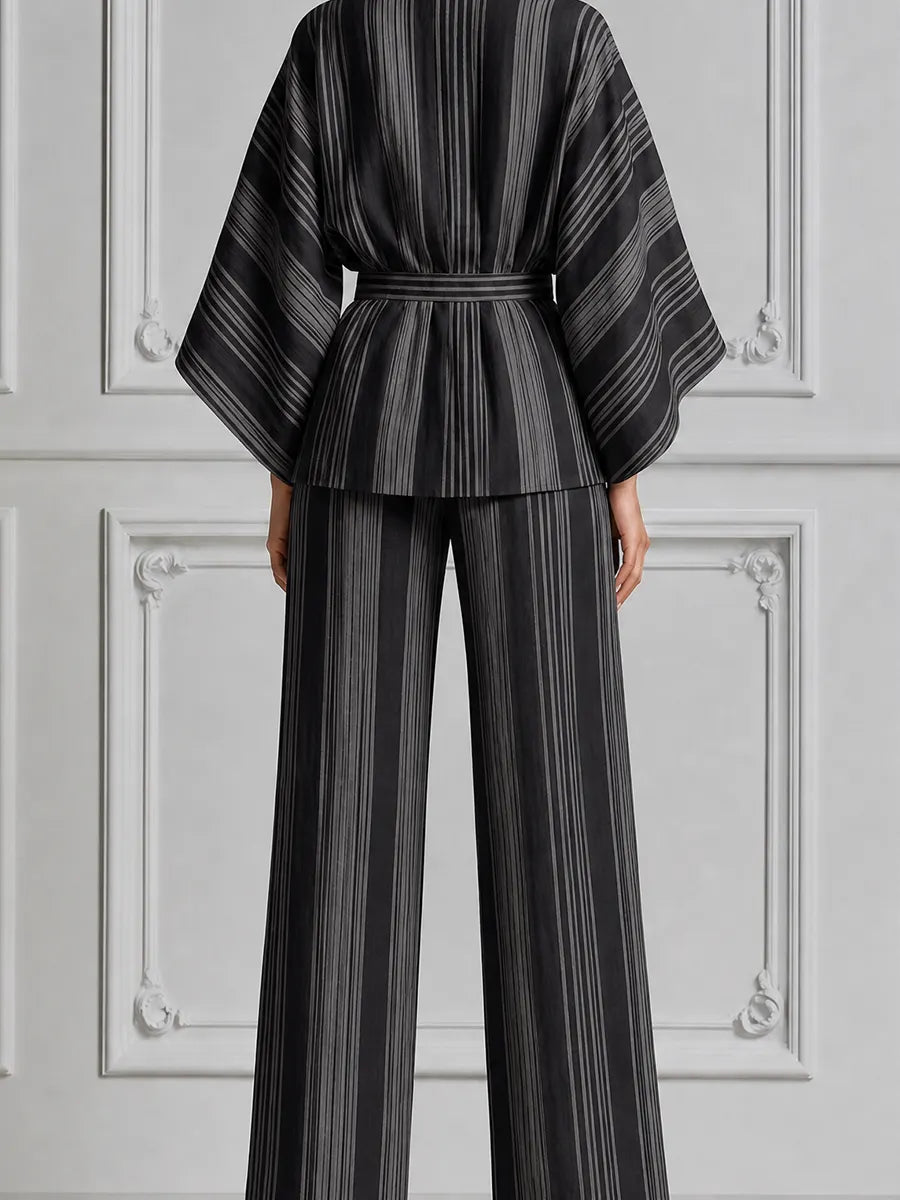 Black Striped Kimono Wrap Top & Wide Leg Pants Set