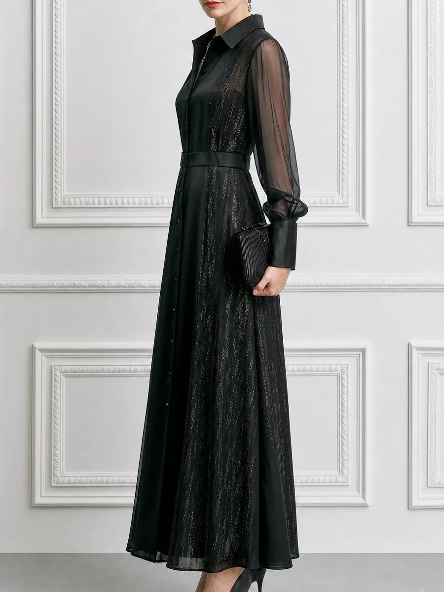 Sheer Sleeve Button-Front Shimmer Panel Collared Shirt Maxi Dress