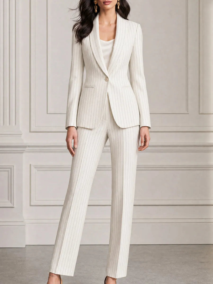 Pinstripe Shawl Collar Blazer & Straight-Leg Trousers Suit