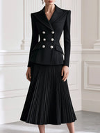 Double-Breasted Blazer & Pleated Midi Skirt Suit Set