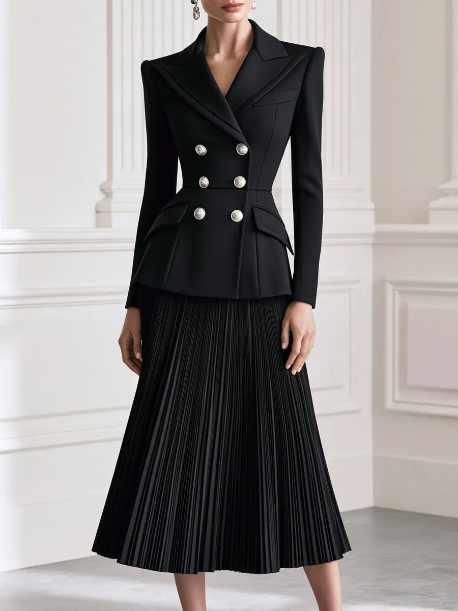 Double-Breasted Blazer & Pleated Midi Skirt Suit Set