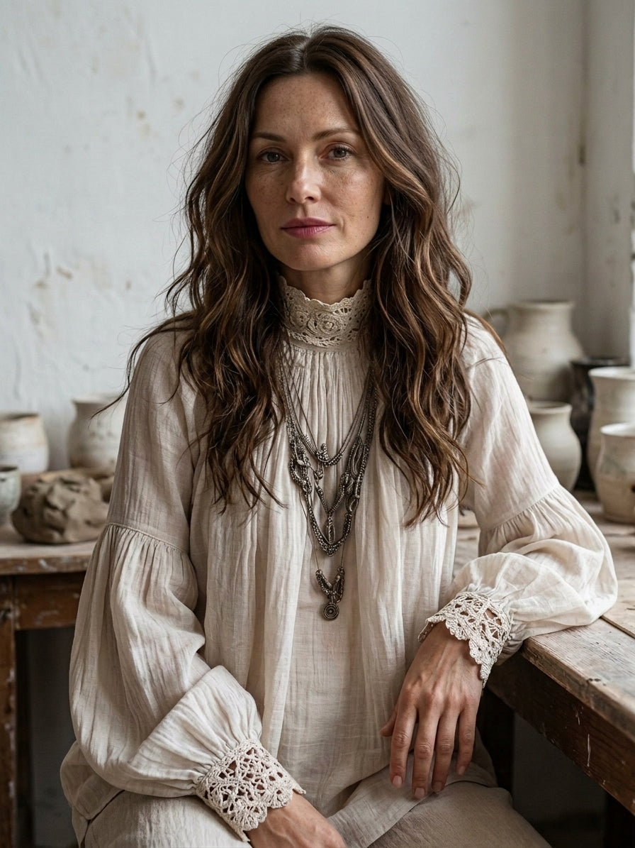Lace-trimmed Pleated Cotton Linen Blouse