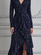 Navy Lace Dress Fall Wedding Guest Dress Ruffle High Low Midi Dress