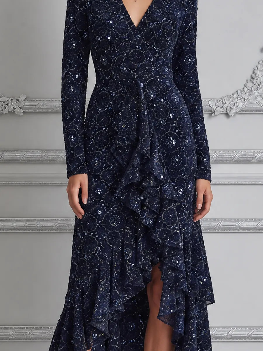 Navy Lace Dress Fall Wedding Guest Dress Ruffle High Low Midi Dress
