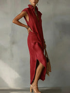 Elegant Ruff Collar Fashion Linen Cotton Midi Dress