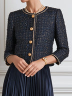 Tweed Cropped Jacket & Satin Pleated Midi Skirt Set