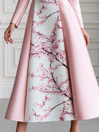 Pink Satin Plum Blossom Print Panel Stand Collar Maxi Dress