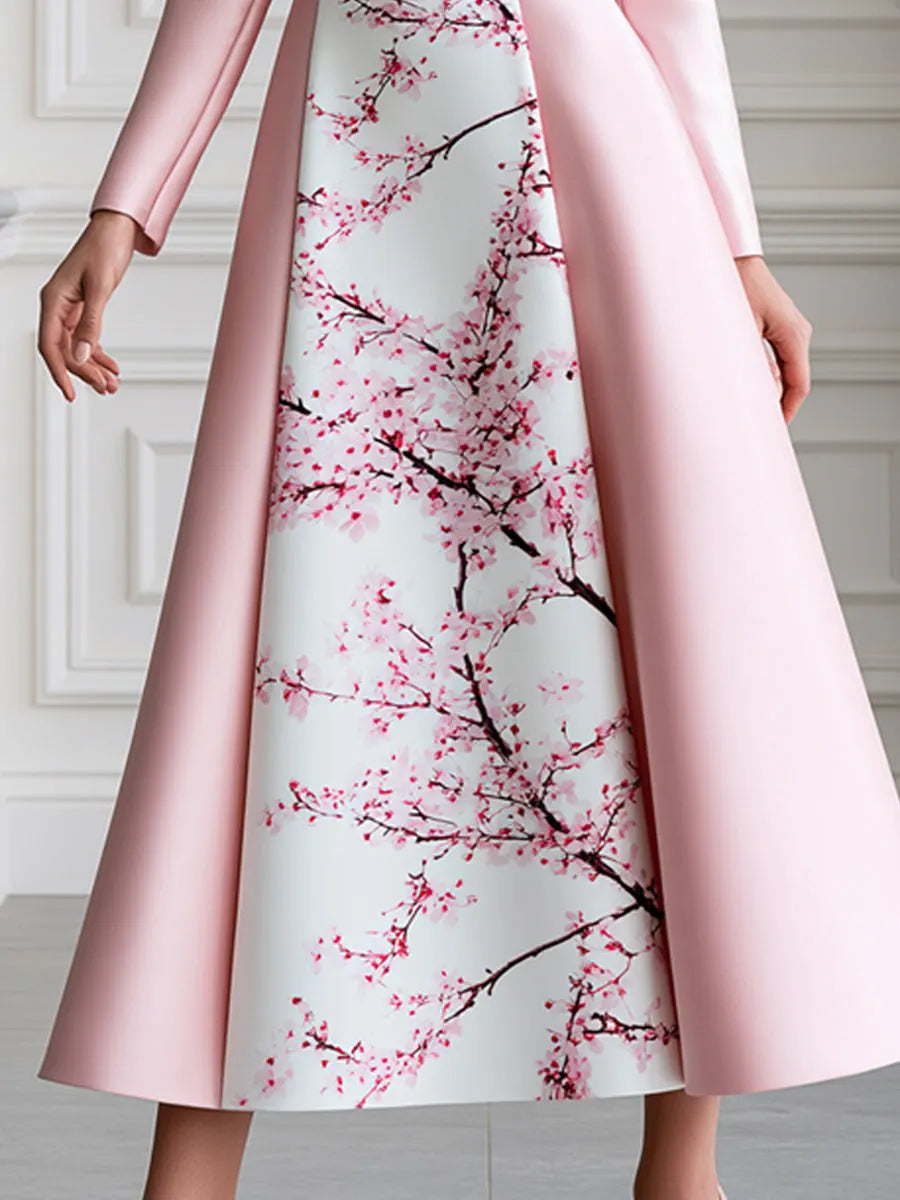 Pink Satin Plum Blossom Print Panel Stand Collar Maxi Dress