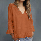 Women's Casual Ruffled V-neck Linen Blend Blouse