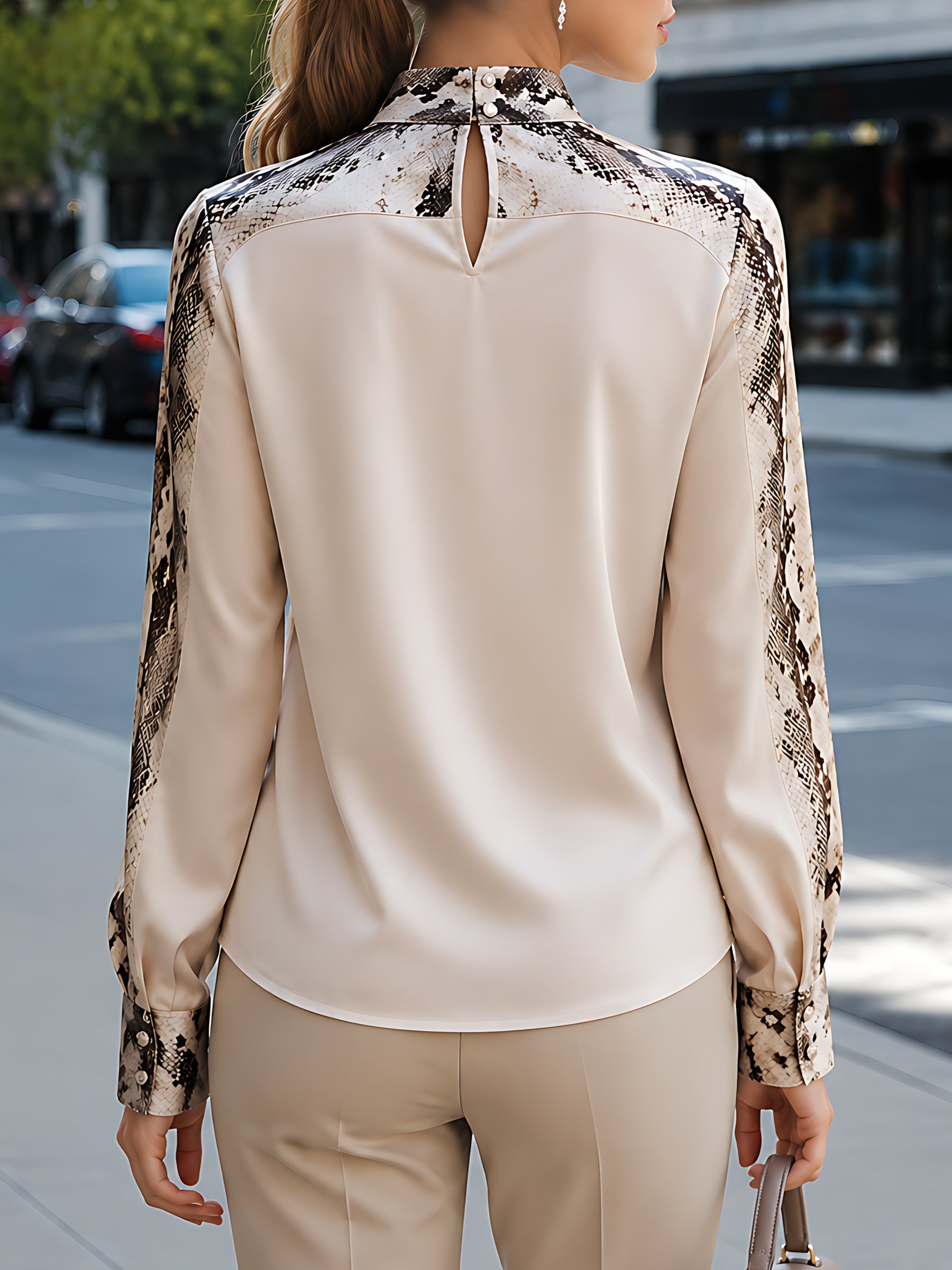 Satin Snake-Print Tie-Neck Blouse