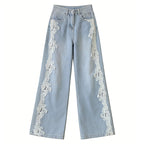 Vintage Bohemian Lace-paneled Distressed Washed Denim Jeans