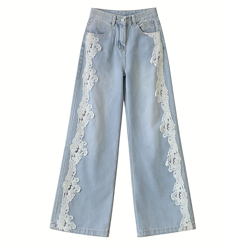 Vintage Bohemian Lace-paneled Distressed Washed Denim Jeans