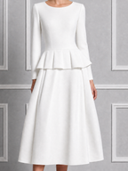 Ivory Round Neck Peplum Waist Pleated A-Line Midi Dress