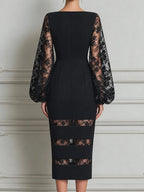 Bateau Neck Floral Lace Balloon Sleeve Sheer-Stripe Hem Bodycon Midi Dress