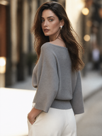 Off-Shoulder Batwing Sleeve Ribbed Knit Sweater Top
