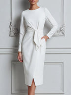 White Dress Ruched Knot Waist Front Slit Pencil Midi Dress