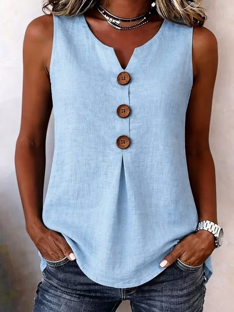 Women's Solid-color V-neck Sleeveless Button Vest Top