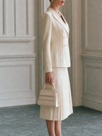 Peaked-Lapel Pintuck Blazer & Pleated Midi Skirt Set
