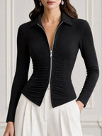 Collar Zip Front Ruched Fitted Long Sleeve Top