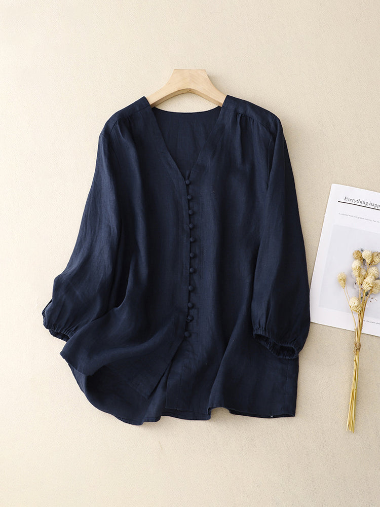 Women's Linen Casual 9/10 Sleeve V-Neck Shirt