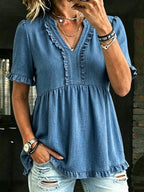 Women's Casual V-neck Ruffle Trim Denim Blouse