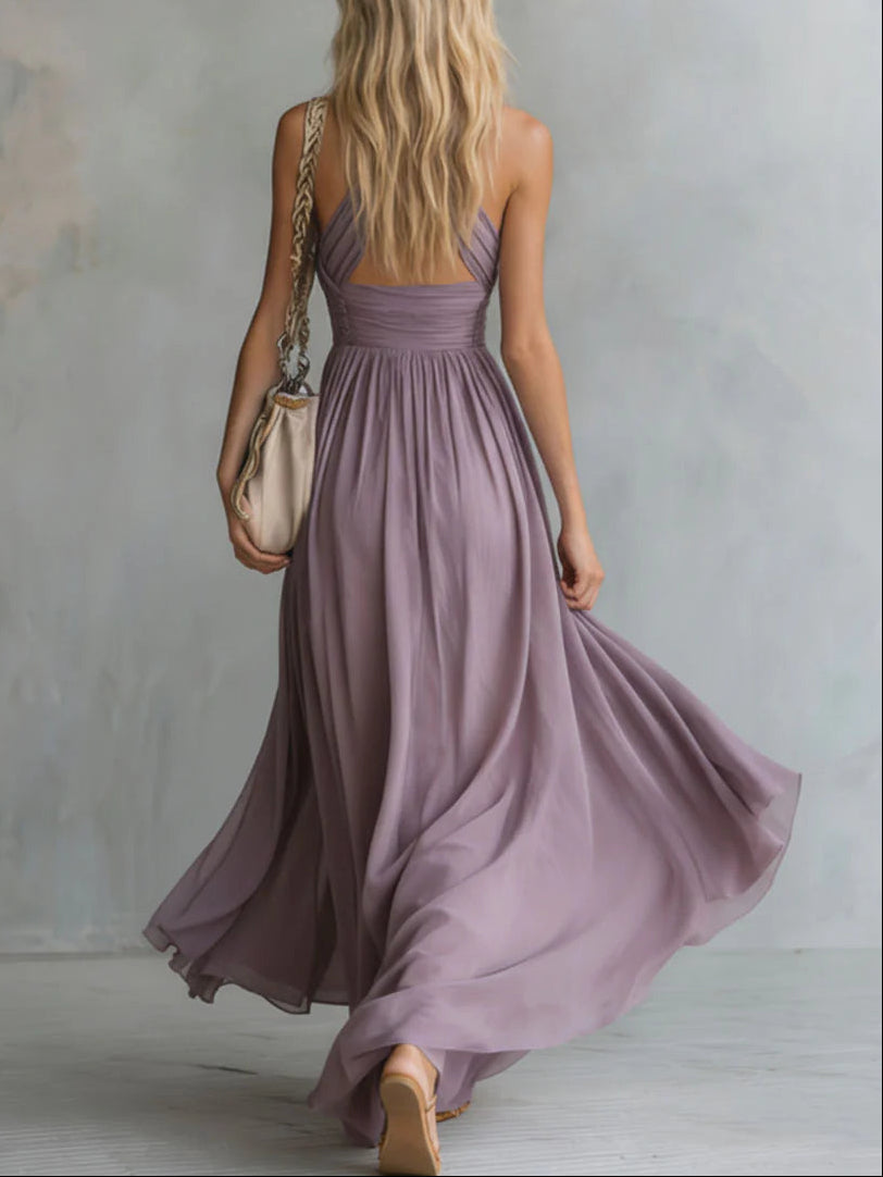 Stylish Halter Neck V-neck Sleeveless Chiffon Maxi Dress