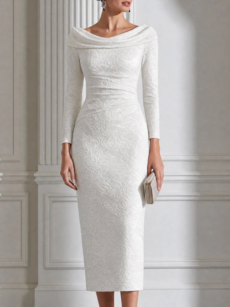 Textured Jacquard Cowl Neck Long Sleeve Midi Dress