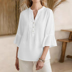 Women's Solid Color V Neck Short Sleeve Linen Blend Shirt