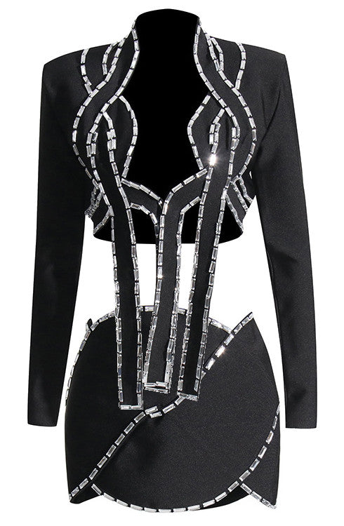 Long Sleeves Embellished Two Piece Dress Black