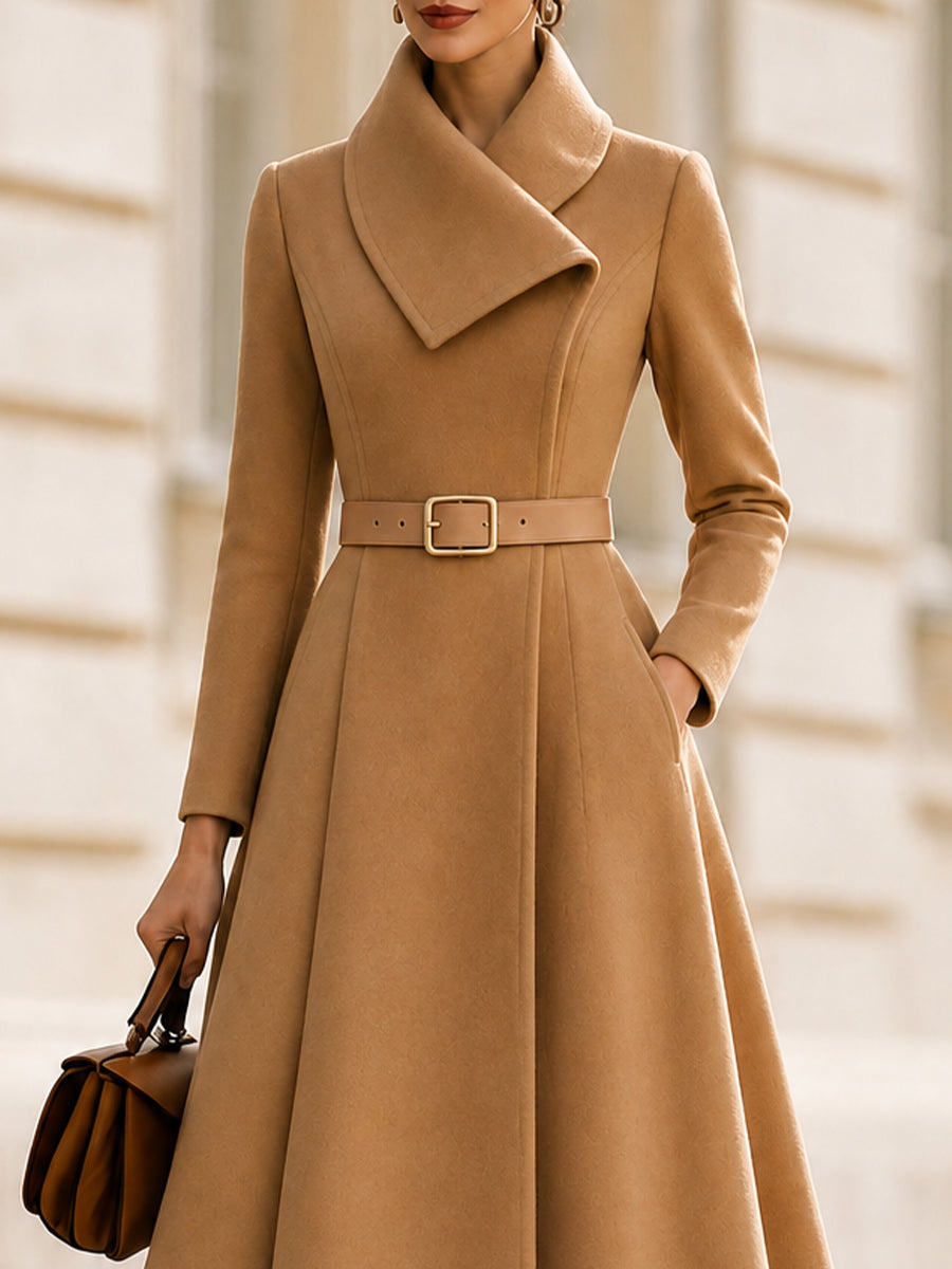 Asymmetric Wrap Collar Belted Fit & Flare Midi Coat Dress