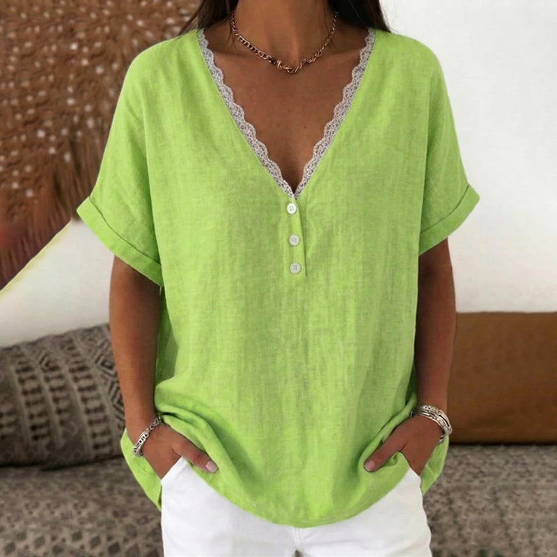Women's Solid Color Lace V-neck Short Sleeve Linen Blend T-shirt