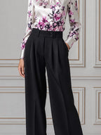 White Floral Satin Blouse & Black Wide Leg Pants Set