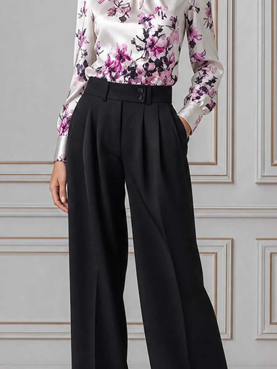 White Floral Satin Blouse & Black Wide Leg Pants Set