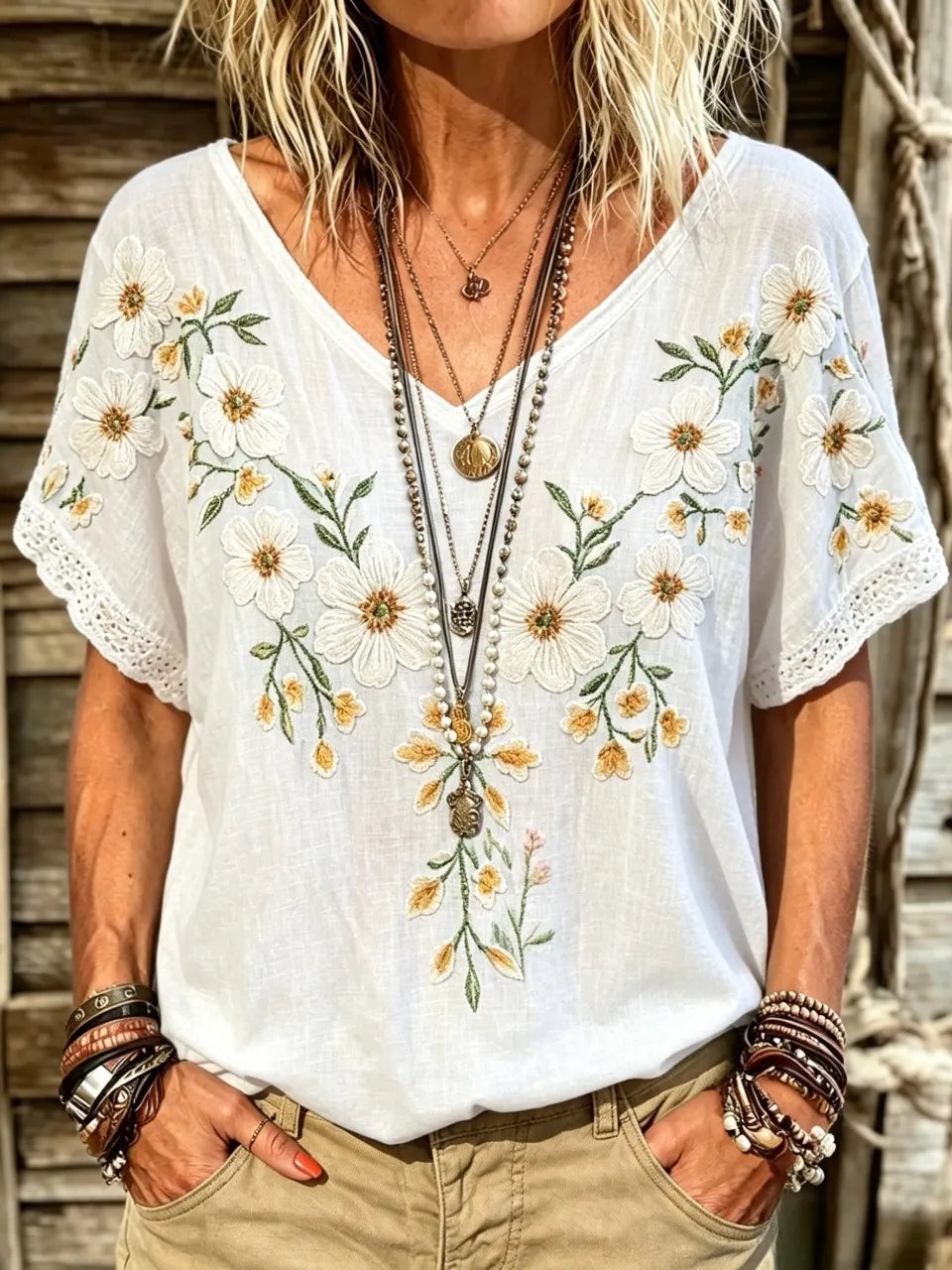 Women's Vintage-Style Floral Art Print V-Neck Short-Sleeve Top with Lace Paneling
