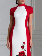 Stand Collar Color Block Red Rose Print Maxi Dress